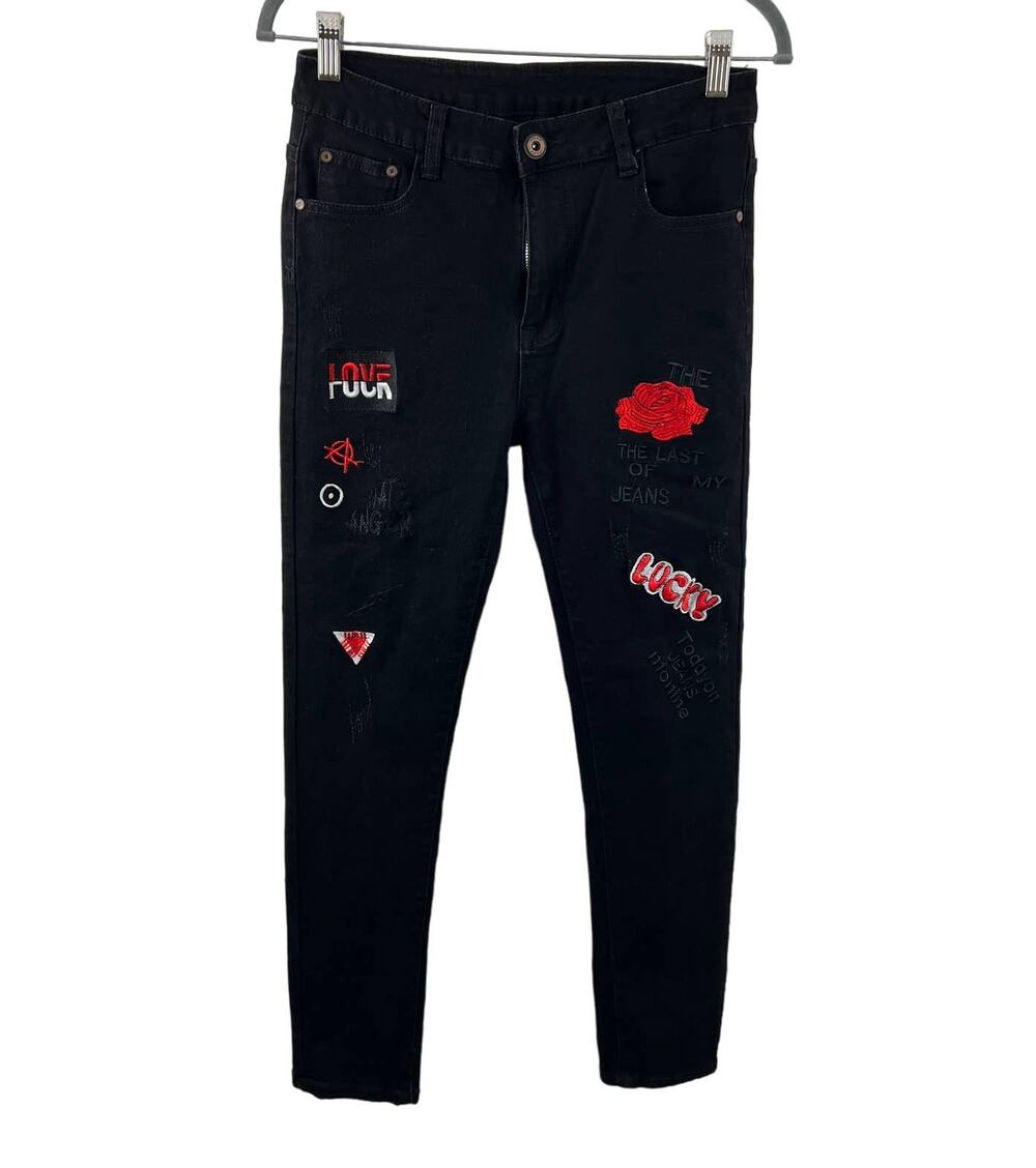 Fashion Denim Black 28 Jeans Cotton Flower Letters Embroidery Stretch Skinny Leg